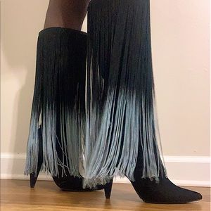 black n blue fringe boot “cone” heels